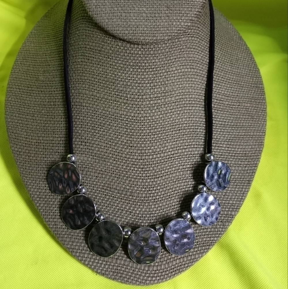 Silvertone beaded hammered disc Black cord necklace